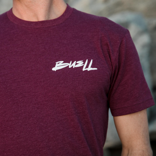 Buell Bubble Script Tee- Heather Maroon